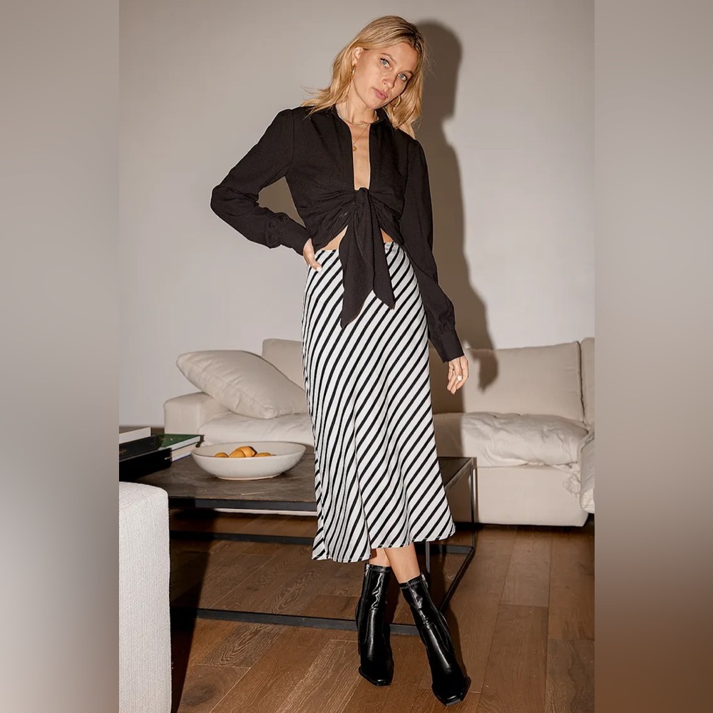 Lulus Lasting Trend Black and White Striped Satin Midi Skirt